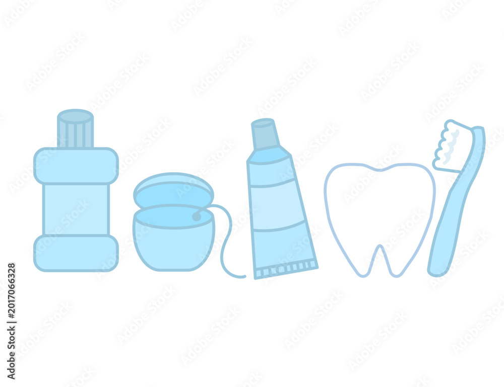 Fototapeta premium Oral hygiene tools.Dental, oral hygiene and teeth care.Tooth, toothbrush, toothpaste, mouthwash and dental floss.Children dentistry.Sign, symbol, icon or logo isolated.Cartoon vector illustration.