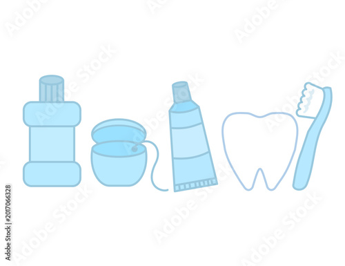 Oral hygiene tools.Dental, oral hygiene and teeth care.Tooth, toothbrush, toothpaste, mouthwash and dental floss.Children dentistry.Sign, symbol, icon or logo isolated.Cartoon vector illustration.