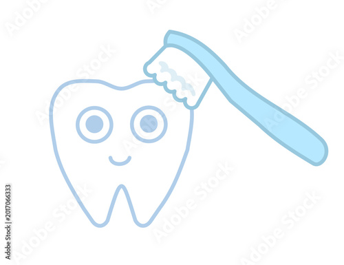 Smiling tooth cartoon character with toothbrush vector illustration isolated on white background. Cute dental mascot for oral hygiene, healthy teeth, dentist clinic, dental care and brushing concept.