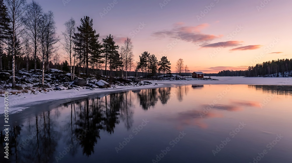 Obraz premium Winter landscape at sunset with frozen lake and red wooden cabin.