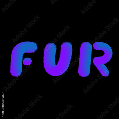 Word FUR made of furry texture letters 3d font imitation blue neon color on black background