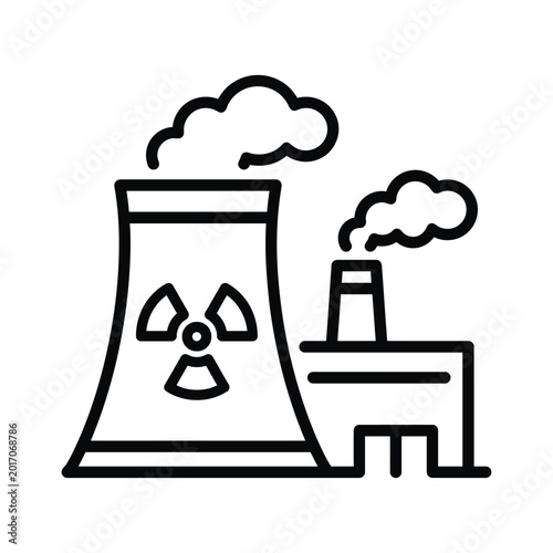 Nuclear power plant icon featuring cooling tower radiation symbol and industrial factory building radiation industrial