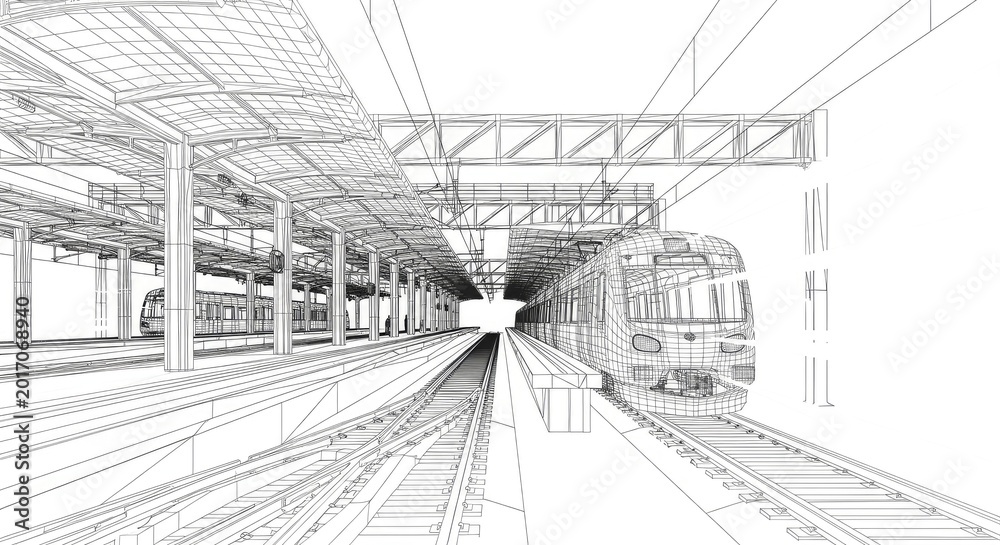 Fototapeta premium Wireframe train and station perspective view futuristic transportation concept