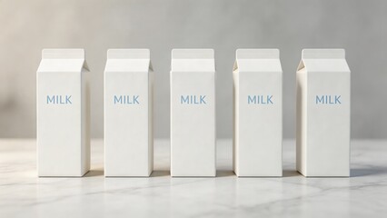 A photograph of five white cartons of cow milk standing upright on a marble surface with a plain gray background, emphasizing the product and its packaging.