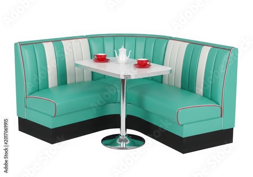 Retro turquoise diner booth with table and coffee cups