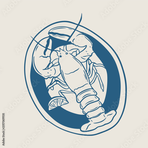 Fotografía Cooked lobster on a plate with lemon line art illustration