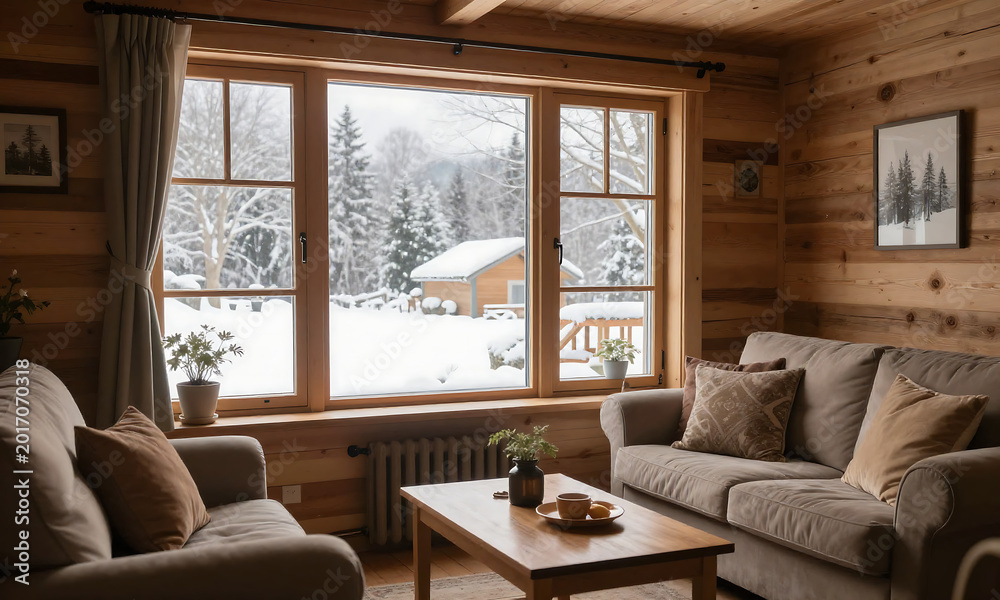 Fototapeta premium warm inviting winter scene showcasing snug cottage living room massive window bathing space soft diffused