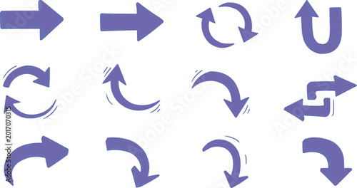 Fotografija Arrows in purple are arranged in a collection of diverse shapes and directions to indicate movement