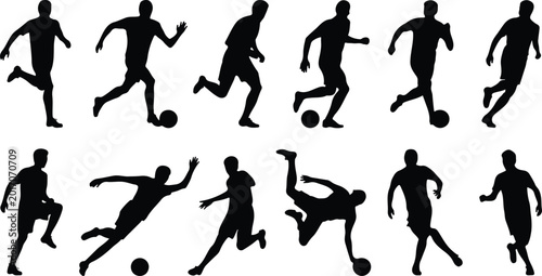 Schilderij op canvas Soccer player silhouette vector set featuring twelve dynamic male athlete poses