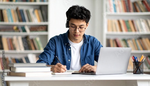 Young adult male student studying library.