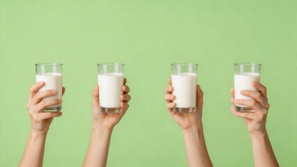 A group of people holding glasses of cow milk in front of a green background, emphasizing healthy nutrition and dairy products.