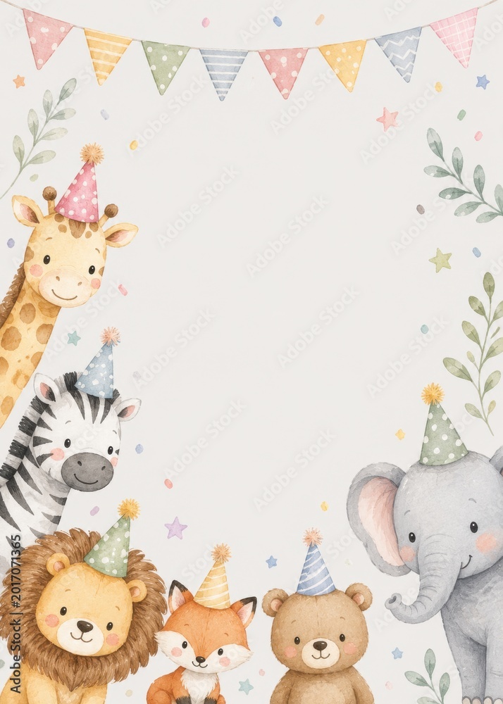 Obraz premium Cute watercolor safari birthday animals frame pastel nursery greeting card illustration