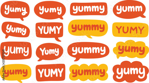 Cartoon typography illustration set with yummy word balloons, comic labels and playful sticker elements in modern flat style design