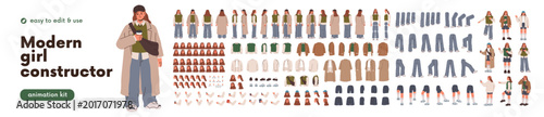 Modern young woman, female character constructor. Animation kit with body par...