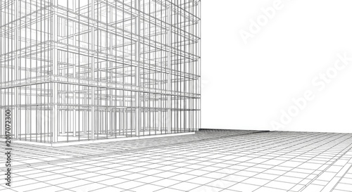 Architectural wireframe of a modern building against a bright white background
