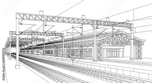 Architectural outline illustration of a railway station platform and tracks