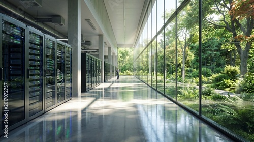 Smart data center green energy sustainable reliability concept. Modern data center with large glass windows showcasing lush greenery outside.