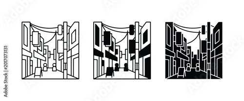 Photos Urban Streetscape Icons, Cityscape Vector Art, Modern City Buildings, Black and