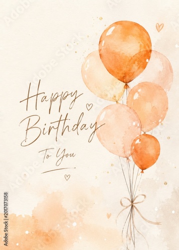 Minimal watercolor birthday balloons illustration with soft peach pastel tones