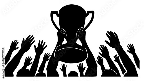 Konstfotografi Hands holding up winner trophy cup among cheering crowd of football fans silhoue