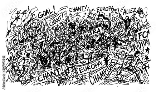 Foto Football fans cheering in stadium crowd with banners and chants hand drawn doodl