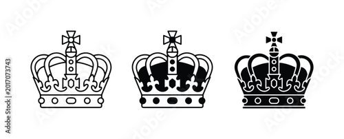 Fotografi Royal Crown Icons, Set of 3, Monarch Symbol Vector Graphics, Regal Emblem
