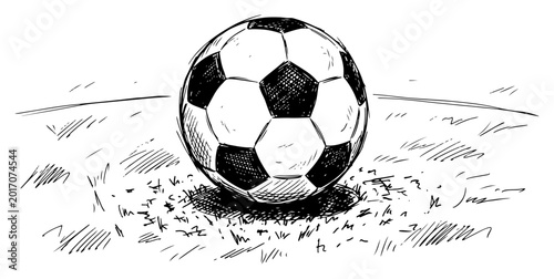 Cuadro en lienzo Classic soccer ball resting on grass field detailed hatch sketch drawing