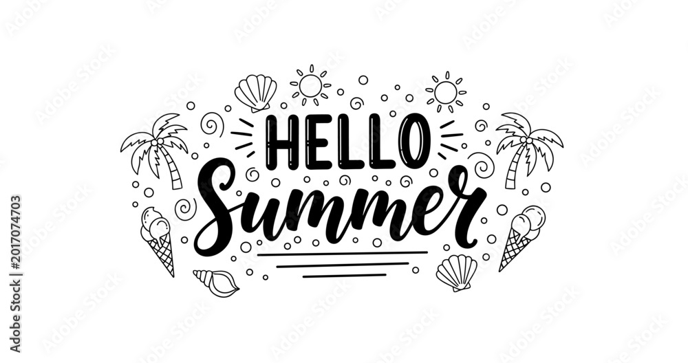 Fototapeta premium Hand drawn greeting hello summer with beach motifs on white