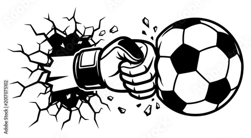 Obraz na płótnie Goalkeeper fist breaking through wall to punch soccer ball action vector illustr