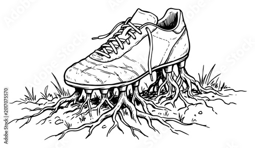 Schilderij op canvas Soccer cleat with studs growing into roots signifying strong football foundation