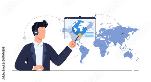Man with headset presenting global business on world map digital display