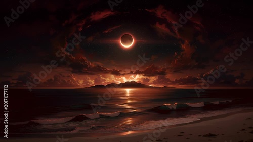 Breathtaking View of a Partial Solar Eclipse Over an Ocean Horizon with Shimmering Light Reflected on the Water's Surface During Twilight