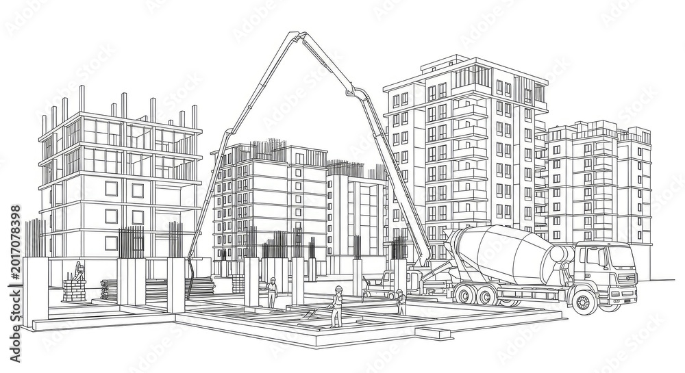 Fototapeta premium Construction site illustration concrete pump truck pouring cement at site