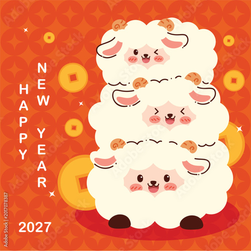 Foto Cute Chinese New Year 2027 Year of the Goat greeting card vector
