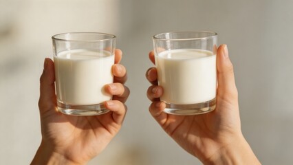 A close-up shot of two hands holding glasses of cow milk in a bright and clean environment, emphasizing a healthy and refreshing beverage choice.