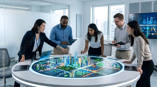 Business team reviewing smart city model in innovative office.