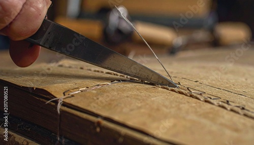 Hand using bone folder to crease paper for bookbinding craft
