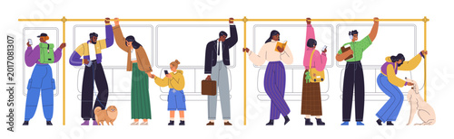 People standing in subway train car, holding with hand rails. Passengers, com...