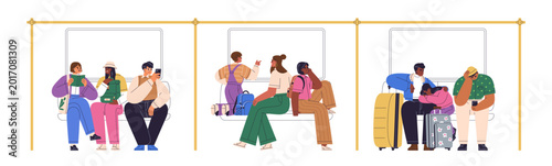 People sitting in public transport. Passengers inside subway train car. Commu...