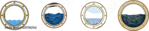 A minimalist porthole window design in flat 2D vector art showcases a double circle frame with six small dots around the edge, rendered in gold, sky blue, and white colors, isolated on a white