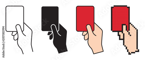Vector icons set of a referee hand holding a penalty card. Includes outline with editable stroke, solid silhouette, flat color and pixel art styles for soccer and football theme on white.