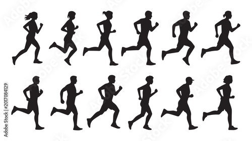 Dynamic collection of diverse running silhouettes, showcasing various stages of motion and athletic activity for health and fitness illustrations and designs