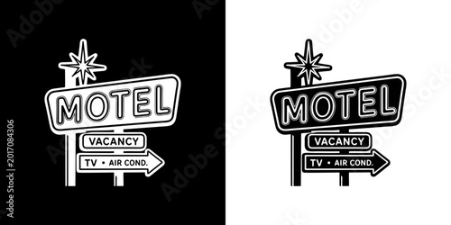 Foto Retro motel neon sign black glyph travel vector icon