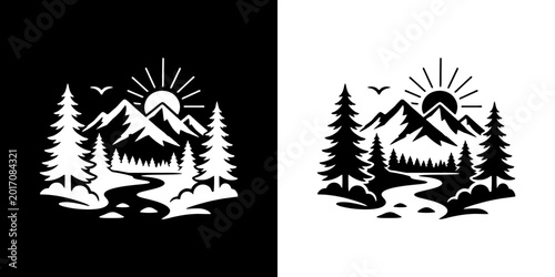 Quadro su tela Forest river camping landscape black glyph vector design