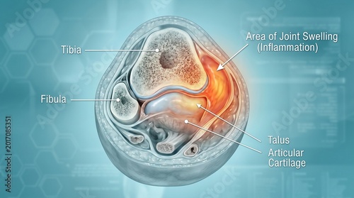 A detailed medical illustration showing joint swelling and inflammation in the ankle region.