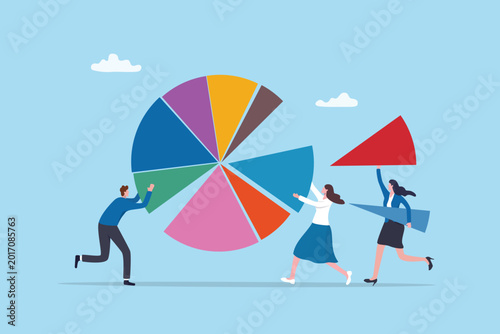 Obraz na płótnie Market segment graph and chart diagram, analysis pie chart, growth statistic or marketing result presentation, optimization diagram, business people building percentage pie chart visual insight