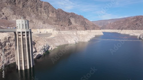 Lake Mead and the Hoover Dam Penstock Tower showcasing the current water level of the resevoir.