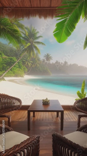 Tropical beach view from a resort balcony with wicker furniture and palm trees.