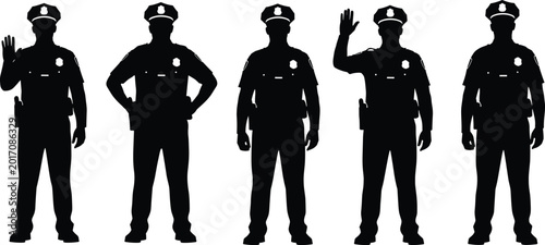Quadro su tela Police officer silhouettes collection, law enforcement standing poses with salut