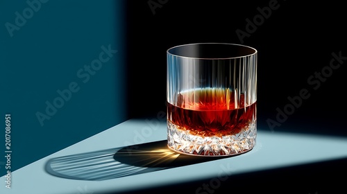 Elegant whiskey glass with rich amber liquid in dramatic light
